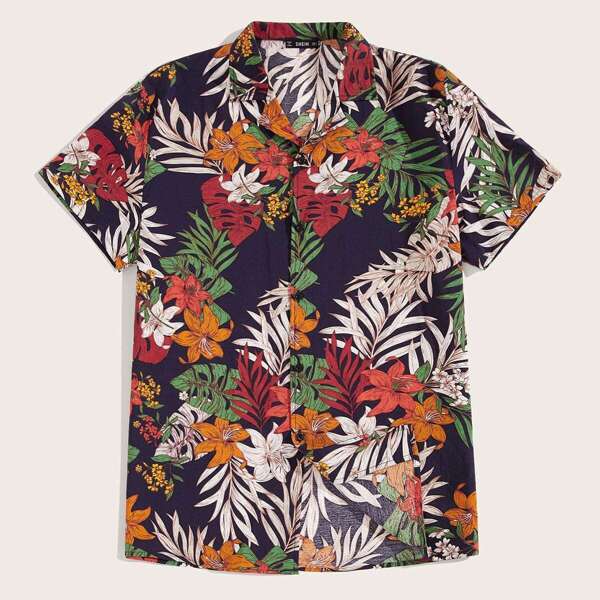 

Men Button Front Tropical Print Shirt