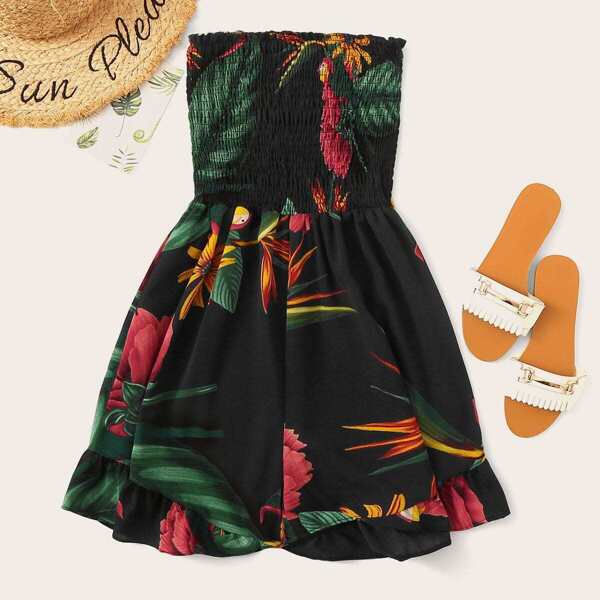 

Floral Print Shirred Ruffle Hem Tube Romper