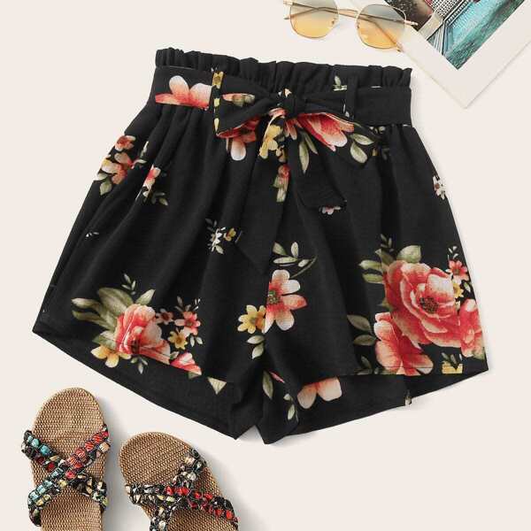

Floral Print Self Tie Paperbag Shorts, Black
