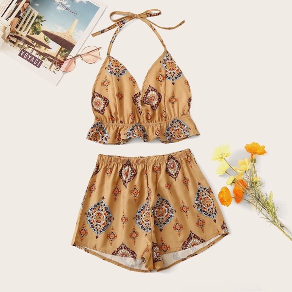 

Aztec Print Backless Halter Top & Shorts