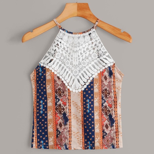 

Contrast Lace Aztec Print Top