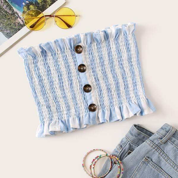 

Button Front Frill Shirred Bandeau Top