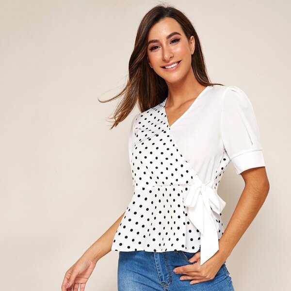 

Polka Dot Print Knot-side Peplum Blouse