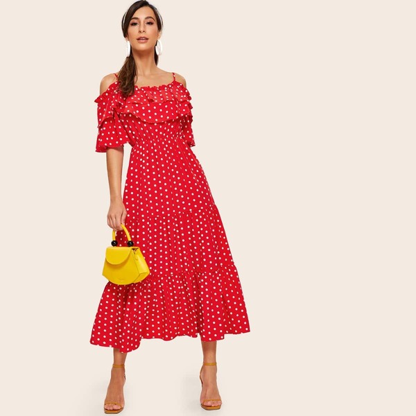 

Polka Dot Cold Shoulder Ruffle Trim Dress, Red