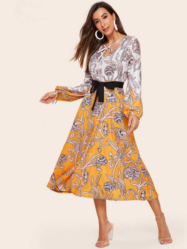 

Floral Print Bishop Sleeve Waist Tie Dress, Multicolor, Gabi