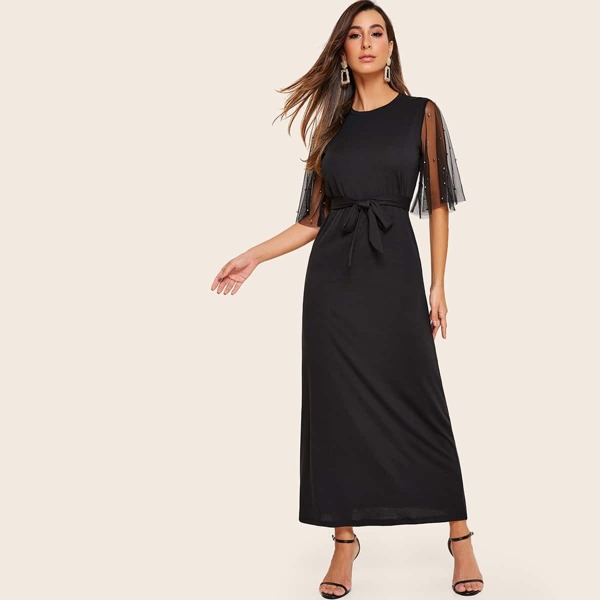 

Contrast Mesh Sleeve Pearls Trim Belted Maxi Dress