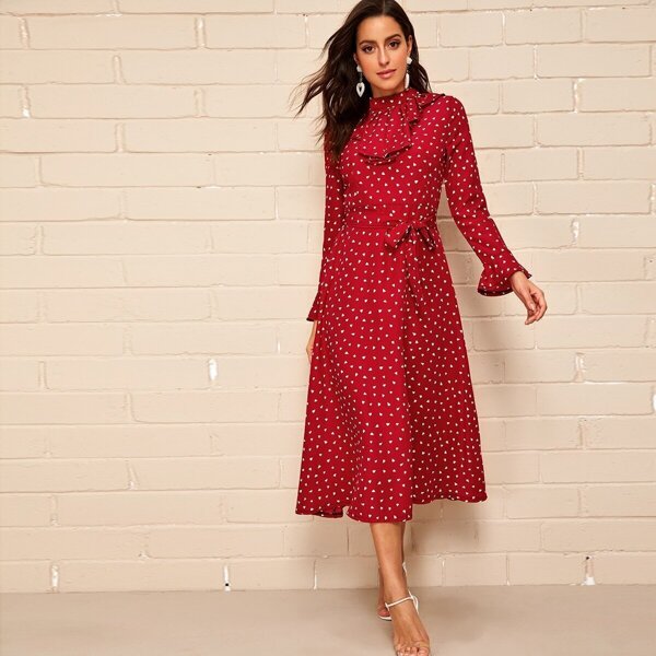 

Confetti Heart Print Flounce Sleeve Midi Dress, Burgundy