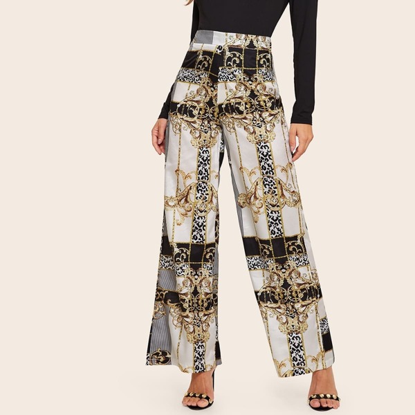 

Scroll & Leopard Print Wide Leg Pants