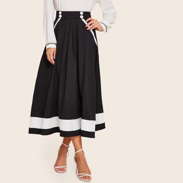 

Color Block Button Trim Flared Skirt, Black and white