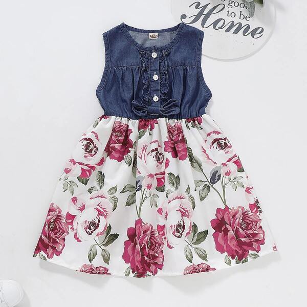 

Toddler Girls Contrast Denim Floral Print A-line Dress, Multicolor