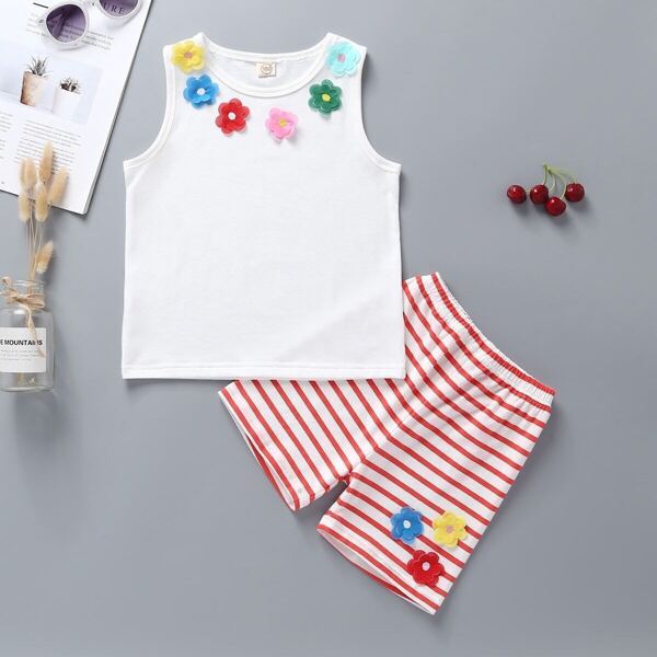 

Toddler Girls Appliques Tank Top With Striped Shorts, Multicolor