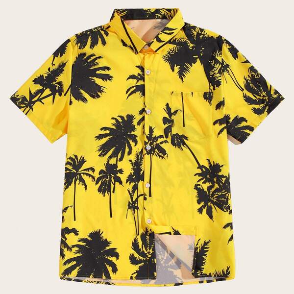 

Men Coconut Trees Print Pocket Front Shirt, Yellow