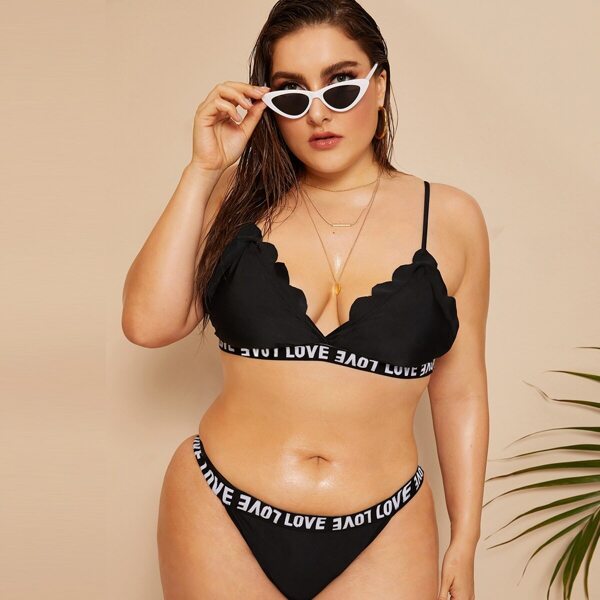 

Plus Letter Print Scalloped Trim Top With Tanga Bikini, Black
