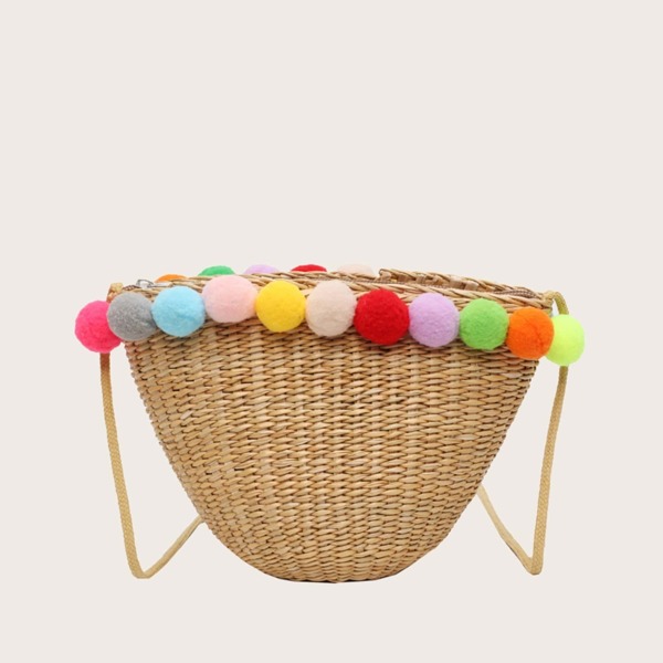 

Kids Random Color Pom Pom Decor Woven Bag