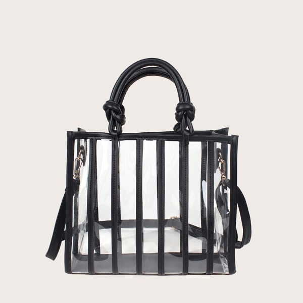 

Striped Design Clear Satchel Bag, Black and white