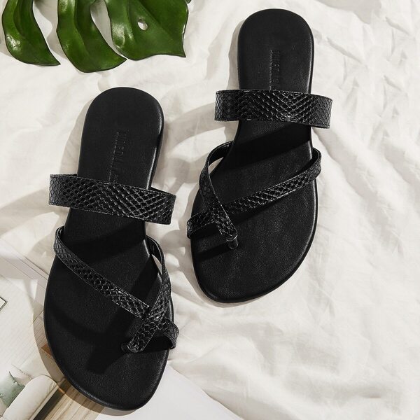 

Snake Embossed Toe Ring Flat Slippers, Black