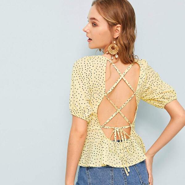 

Lace-up Back Polka Dot Print Blouse