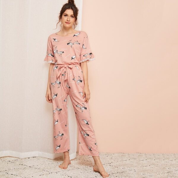 Crane Print Lace Trim PJ Set, Pink
