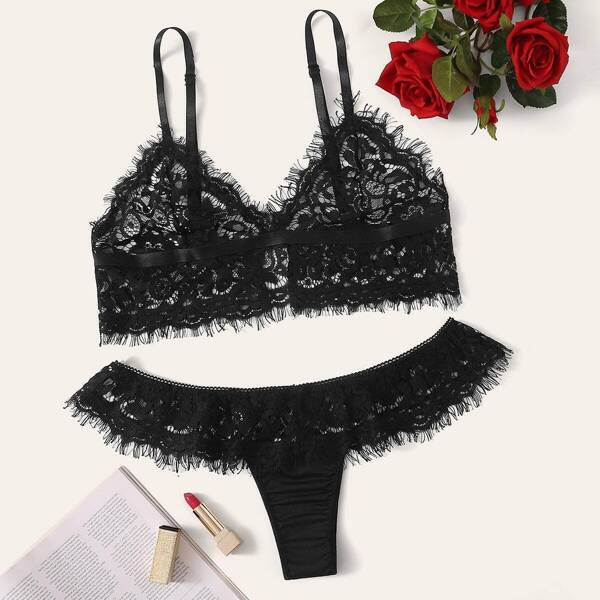

Plus Eyelash Floral Lace Lingerie Set, Black