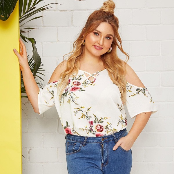 

Plus Cold Shoulder Floral Print Blouse, White
