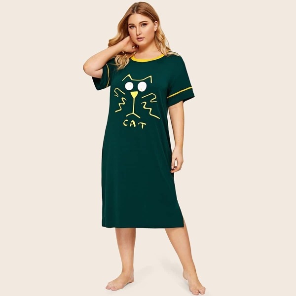 

Plus Cartoon Print Striped Hem Night Dress