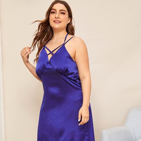 

Plus Criss Cross Contrast Lace Satin Night Dress