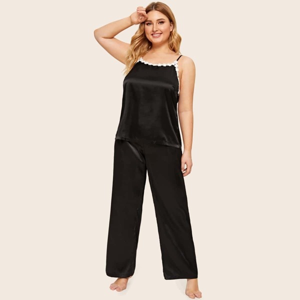 

Plus Crochet Lace Trim Satin Cami Pajama Set
