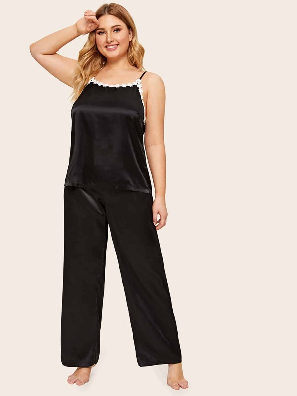 

Plus Crochet Lace Trim Satin Cami Pajama Set, Black, Nora