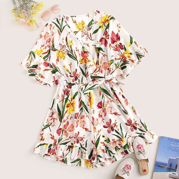

Plus Floral Print Surplice Front Knot Romper