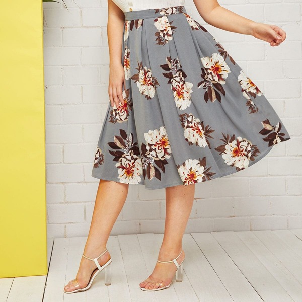 

Plus Floral Print Skirt, Grey