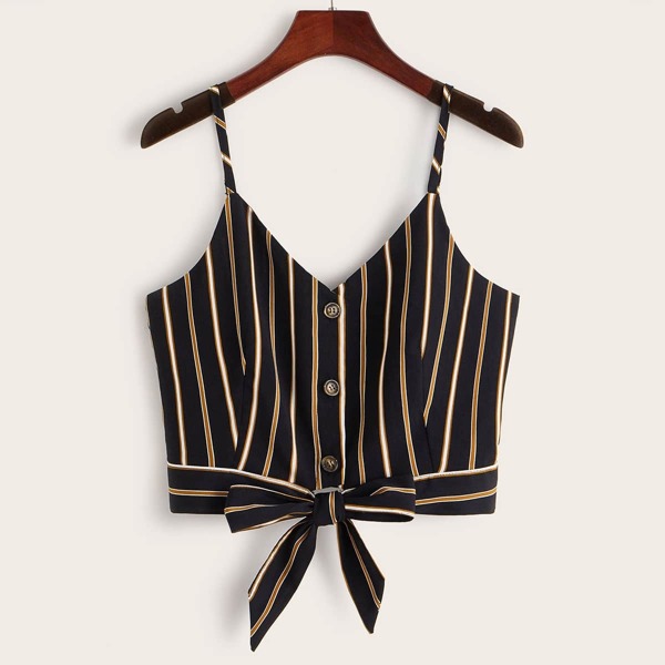 

Striped Button Front Knot Hem Cami Top