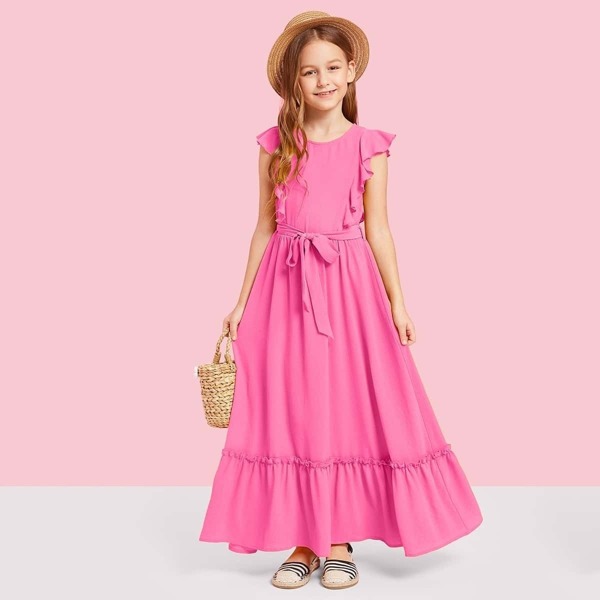 

Girls Neon Pink Ruffle Trim Self Belted Dress