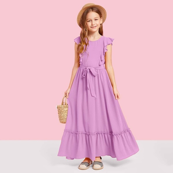

Girls Ruffle Armhole Self Belted Dress, Purple