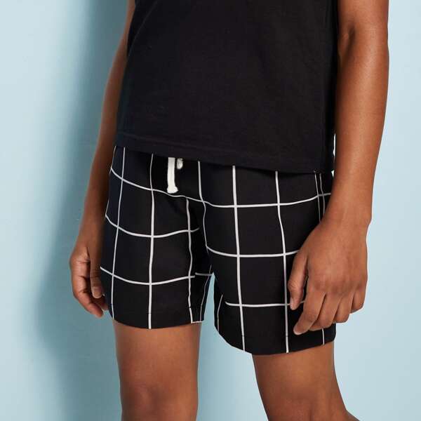 

Boys Drawstring Waist Button Detail Grid Shorts, Black