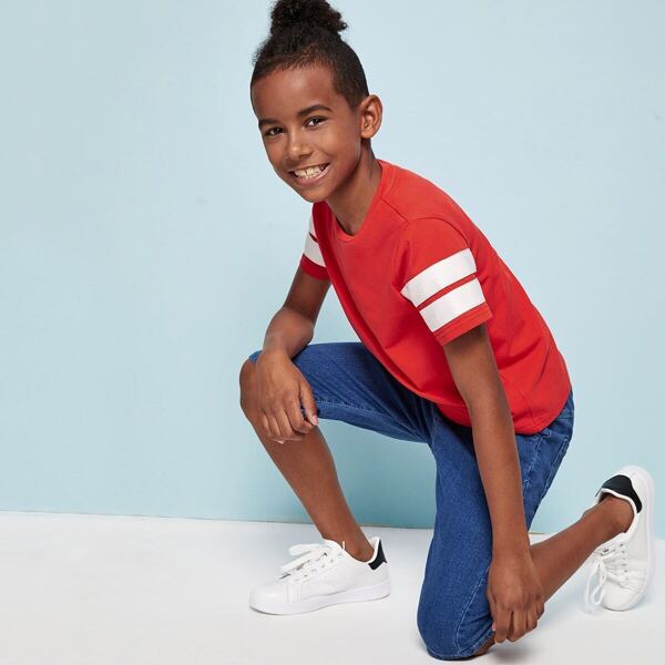 

Boys Colorblock Striped Tape Detail Top, Red