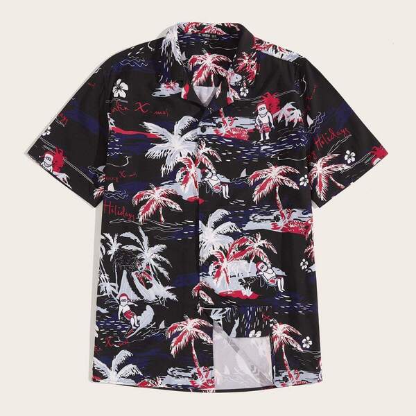 

Men Notch Collar Landscape Print Shirt, Multicolor