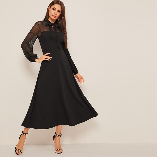 

Tie Neck Mesh Yoke Trim Flippy Dress, Black