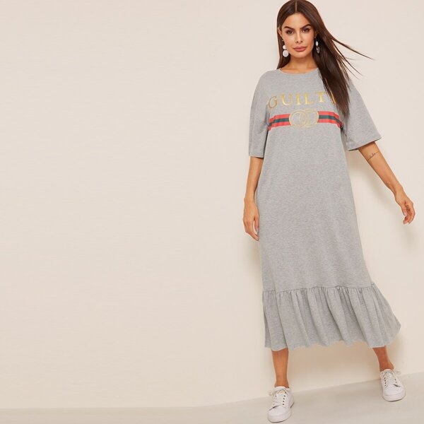 

Letter and Striped Print Flippy Hem Dress, Grey
