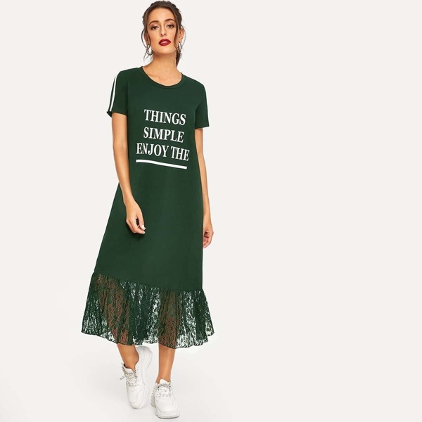 

Slogan Graphic Striped Sleeve Lace Hem Tee Dress, Green