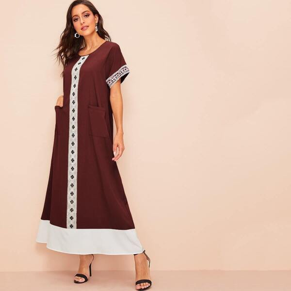 

Lace Applique Pocket Front Contrast Hem Dress, Burgundy