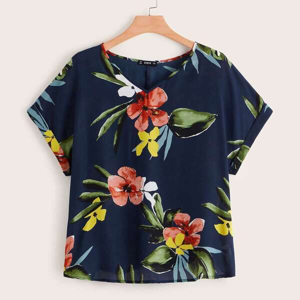 

Plus V Neck Rolled Cuff Floral Print Tee, Multicolor