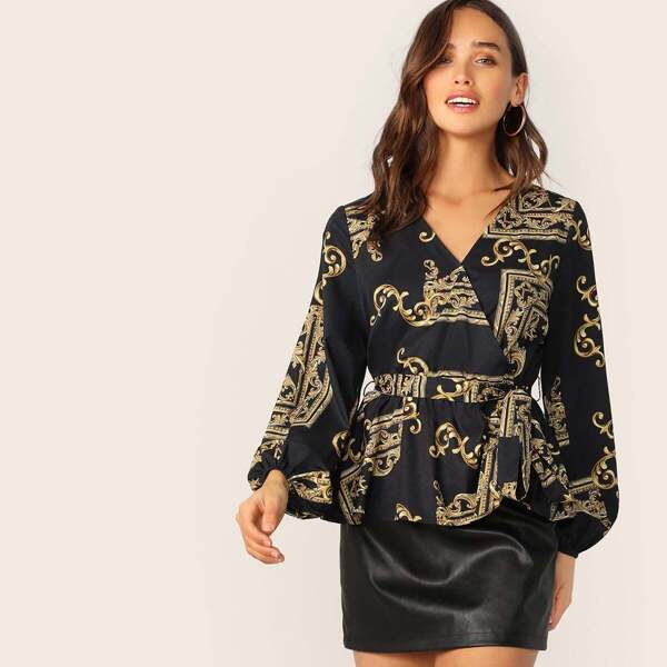 

Scarf Print Surplice Neck Belted Blouse, Black