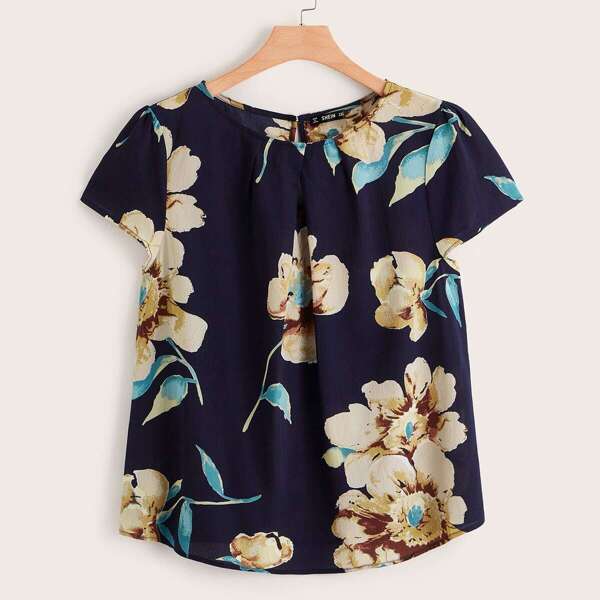 

Plus Floral Print Keyhole Back Blouse, Multicolor