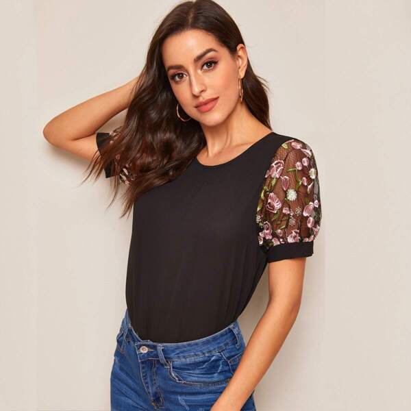 

Floral Embroidered Mesh Sleeve Top