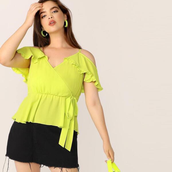 

Plus Neon Lime Cold Shoulder Tie Side Ruffle Top, Green bright