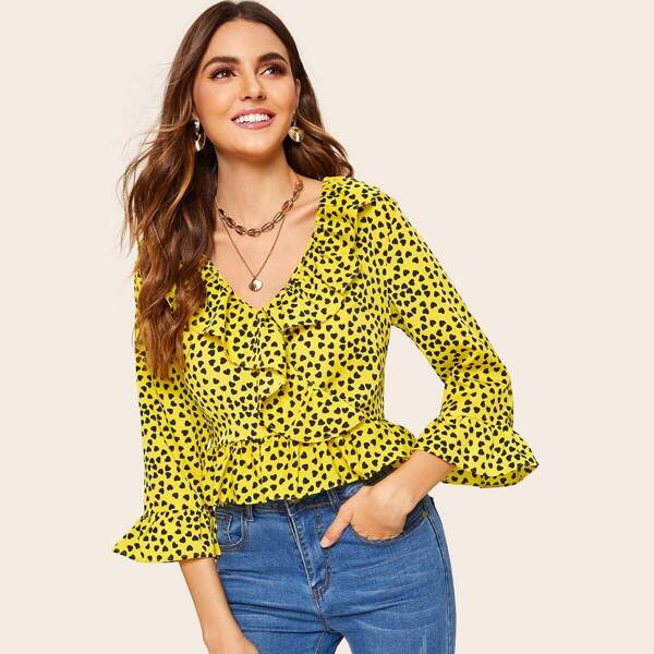 

Neon Yellow Heart Print Ruffle Trim Top