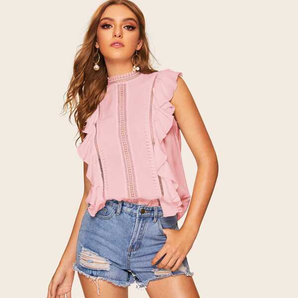 

Lace Insert Ruffle Trim Top