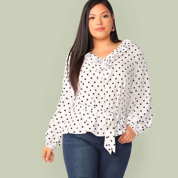 

Plus Ruffle Trim Lantern Sleeve Self Belted Top, White