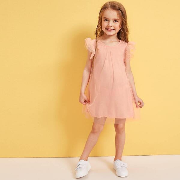 

Toddler Girls Ruffle Armhole Mesh Overlay Dress, Pink
