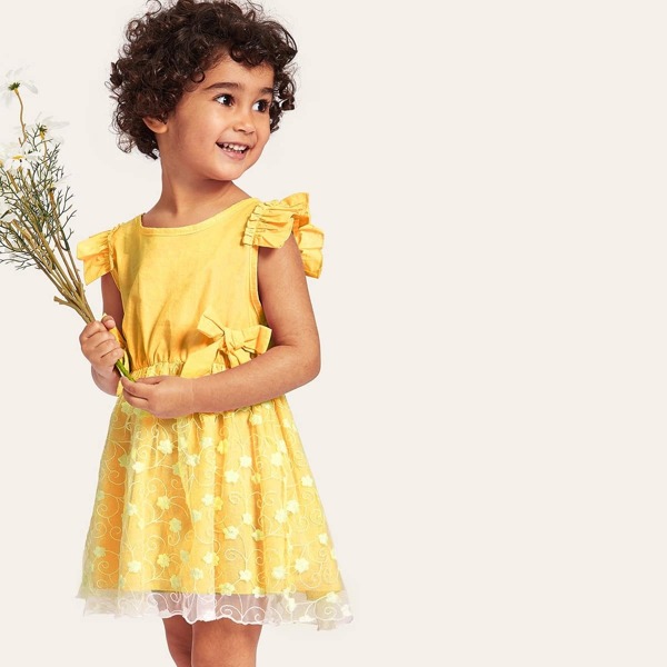 

Toddler Girls Bow Front Embroidered Mesh Overlay Dress, Yellow